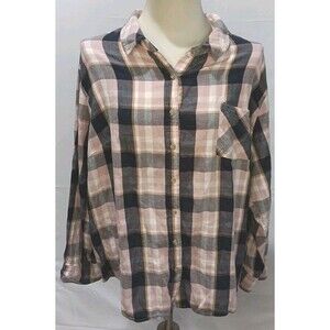 Ava & Viv Plaid Button-Up Shirt, Pink Gray Blue Check Long Sleeve 4X